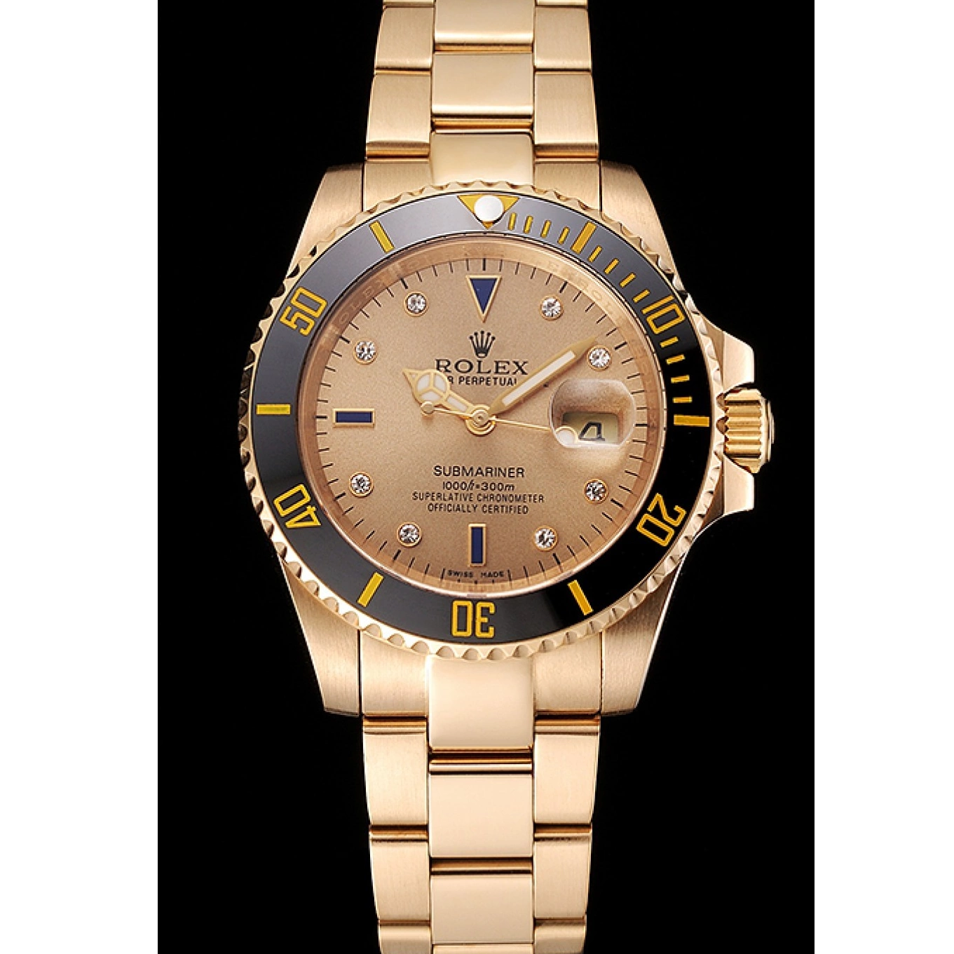 Rolex aaa copy Markings And With Bracelet Gold Gold Bezel Yellow Submariner Diamond Swiss Case Rolex Dial Black 0629